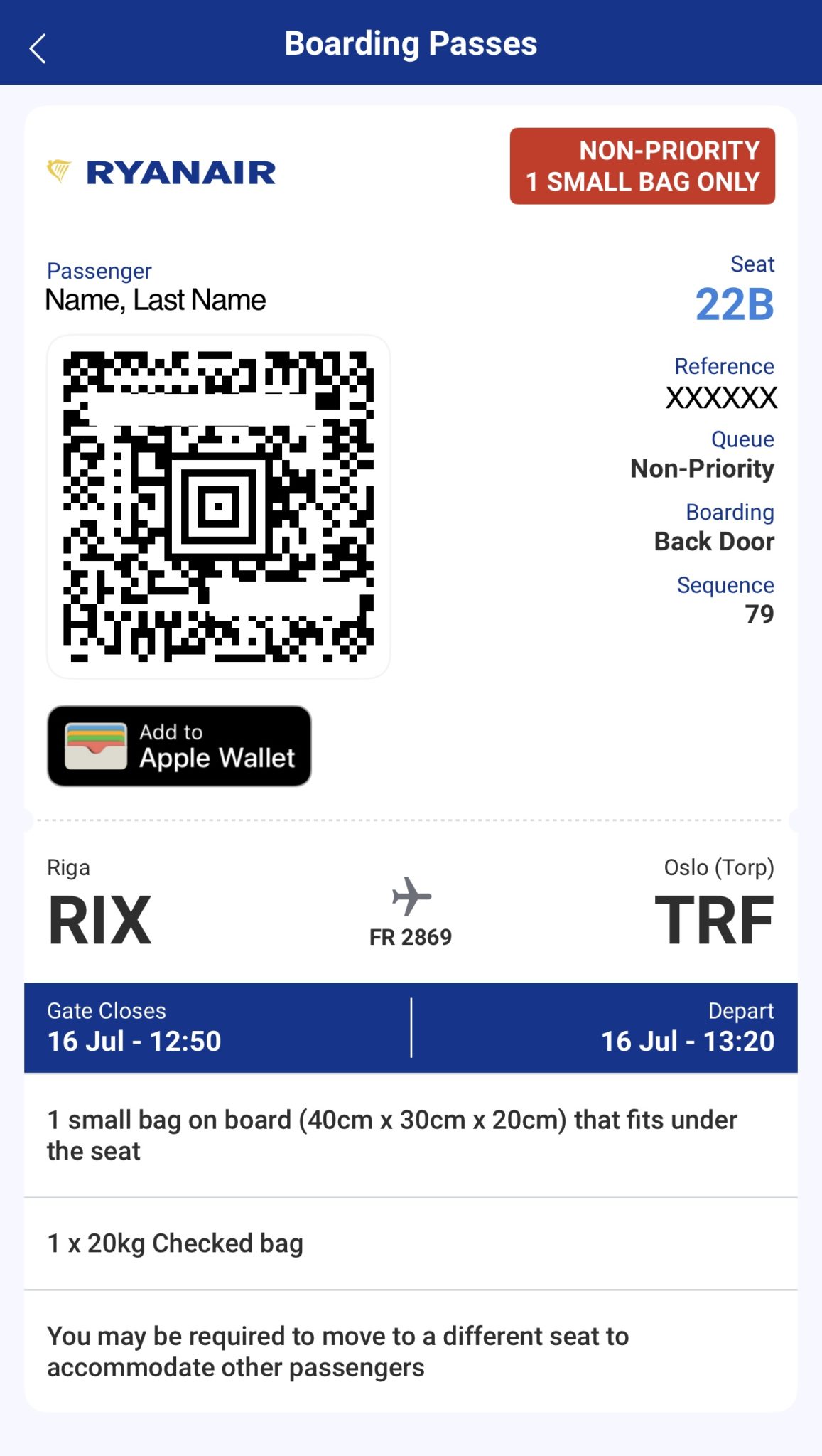 бордна карта на Ryanair